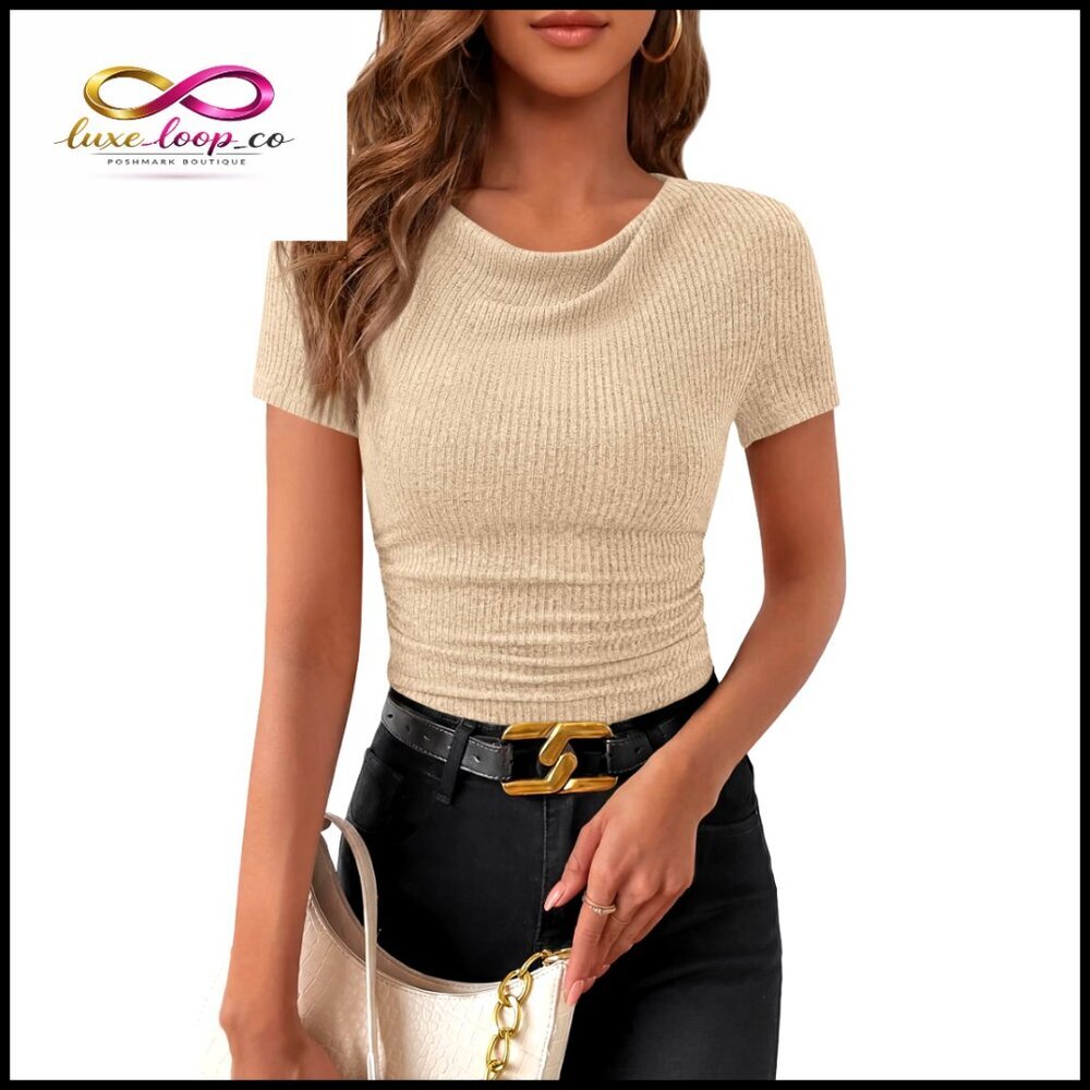 Slim Fit Cowl Neck Ribbed Crop Top Short Sleeve T-Shirt Polyester Elastane